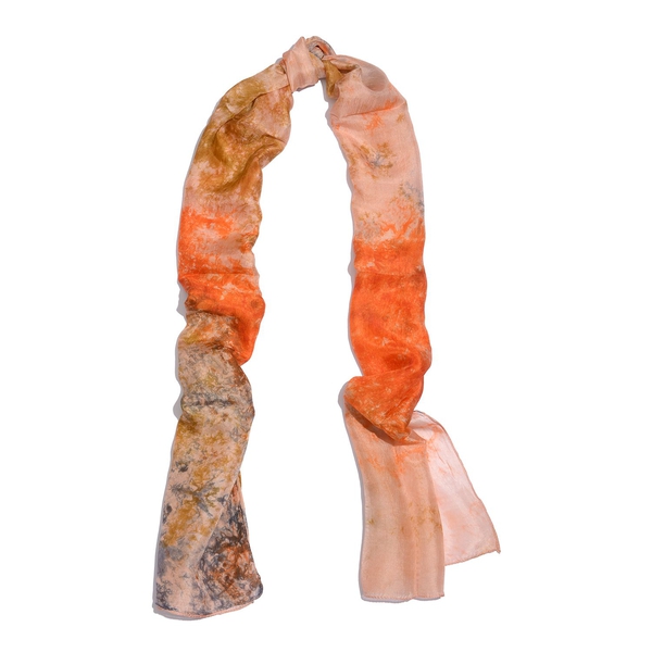 100% Mulberry Silk Orange, Peach and Multi Colour Colour Abstract Pattern Scarf (Size 180x50 Cm)
