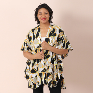 JOVIE Printed Kimono with Ruffle Sleeves- White, Black & Multi Colour