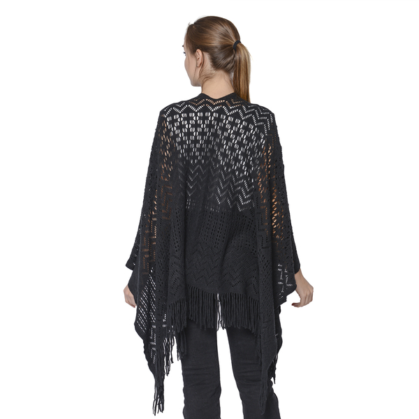Hollow Out Knit Kimono with Tassels (60x125+10cm) - Black