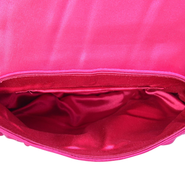 Fuchsia Colour Satin Clutch with Dahlia Flower and Removable Chain Strap (Size 23x15 Cm)