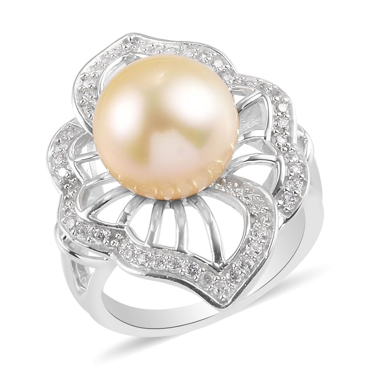 Platinum Plated Sterling Flower Pearl Ring