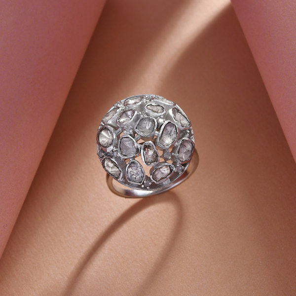 GP- Polki Diamond, Kanchanaburi Blue Sapphire Ring in Platinum Overlay Sterling Silver 1.01 Ct