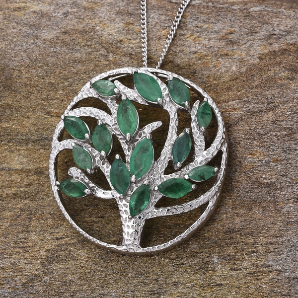 GP Kagem Zambian Emerald (Mrq), Kanchanaburi Blue Sapphire Tree Pendant With Chain in Platinum Overlay Sterling Silver 2.500 Ct.