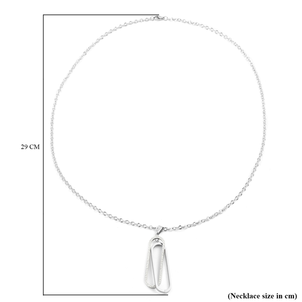 Simulated Diamond Paperclip Pendant with Chain (Size 28) in Silver Tone