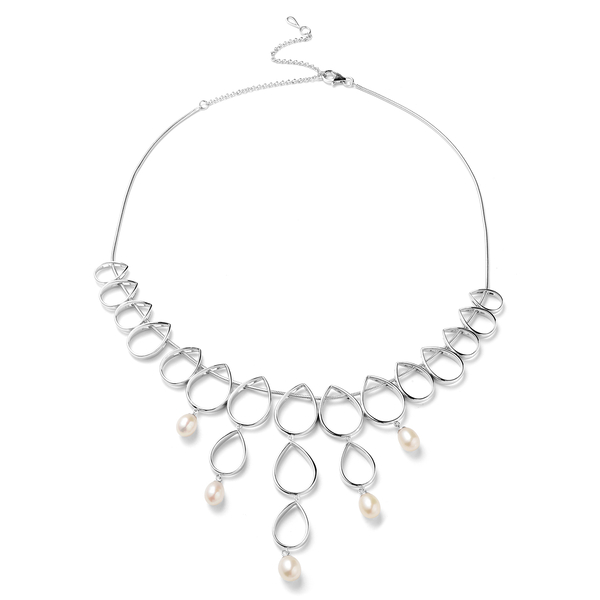 LucyQ Open Tear Drop Collection - Freshwater Pearl Necklace (Size 16/18/20) in Rhodium Overlay Sterling Silver