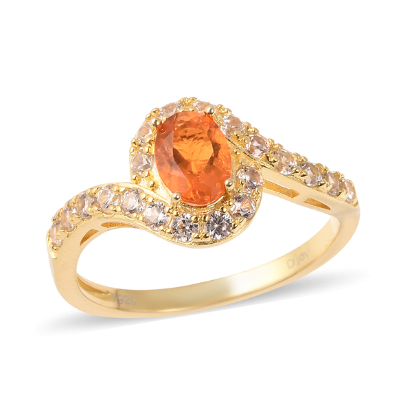 1.75 Ct Jalisco Fire Opal and Zircon Bypass Halo Ring in Gold Plated Sterling Silver