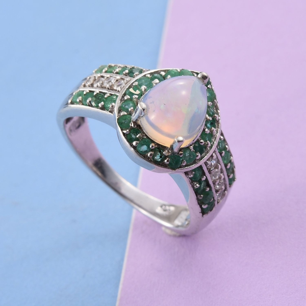 Ethiopian Welo Opal (Pear 1.10 Ct), Brazilian Emerald and Natural Cambodian Zircon Ring in Platinum Overlay Sterling Silver 1.750 Ct.