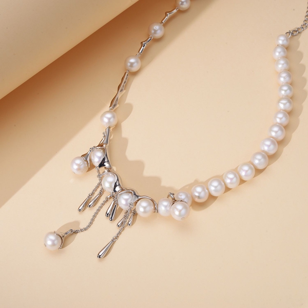 LUCYQ Molten Pearl Collection - White Edison Pearl Necklace (Size - 16 with 4 inch Extender) in Rhodium Overlay Sterling Silver, Silver Wt. 30.65 Gms