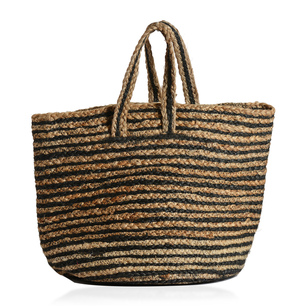 100% Handmade Jute Collection Black and Neutral Colour Stripes Pattern Bag with Tassel (Size 45x37x31x23 Cm)