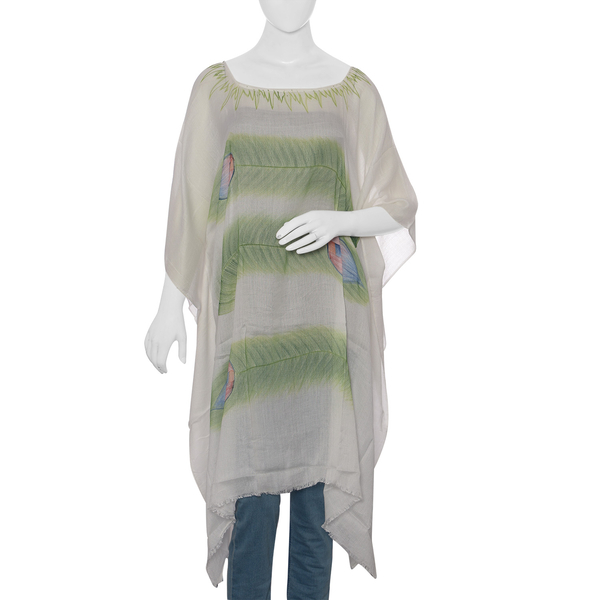 Designer Inspired Hand Painted White and Green Colour Beach tree Pattern Kaftan (Free Size)
