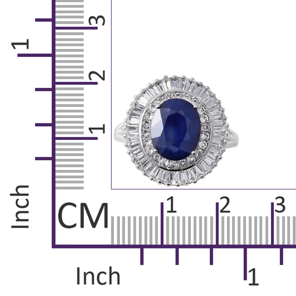 Kanchanaburi Blue Sapphire (Ovl 11x9 mm), White Topaz Ring in Rhodium Overlay Sterling Silver 8.160 Ct.