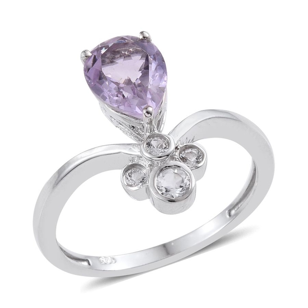 AA Rose De France Amethyst (Pear 1.50 Ct), White Topaz Ring in Platinum Overlay Sterling Silver 1.75