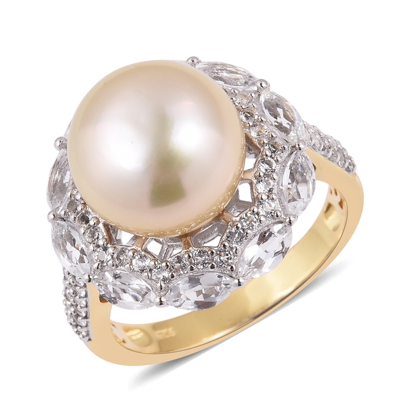 South Sea Golden Pearl and White Topaz Halo Ring in Gold and Rhodium Plated Silver