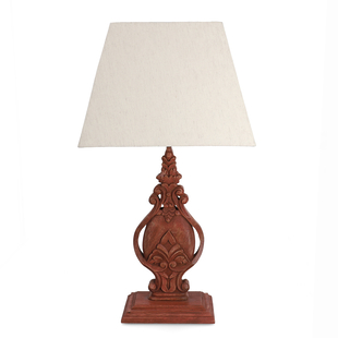 Nakkash Hand Carved Antique Style Mango Wood Lamp with Linen Lamp Shade (Size 35x22x51 cm) - Tan