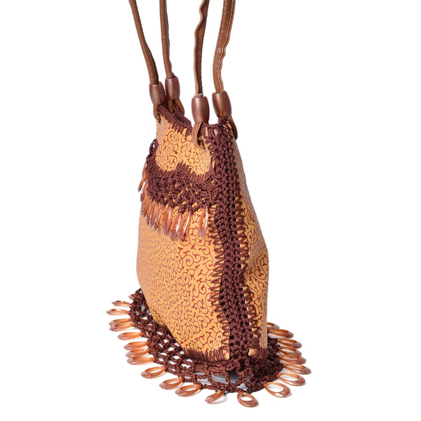 Crochet Lace and Dangling Charms Embellished Chocolate and Yellow Colour Scroll Vine Pattern Tote Bag (Size 32X23 Cm)