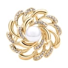 Simulated Pearl and White Austrian Crystal Scarf Ring in Yellow Gold Tone