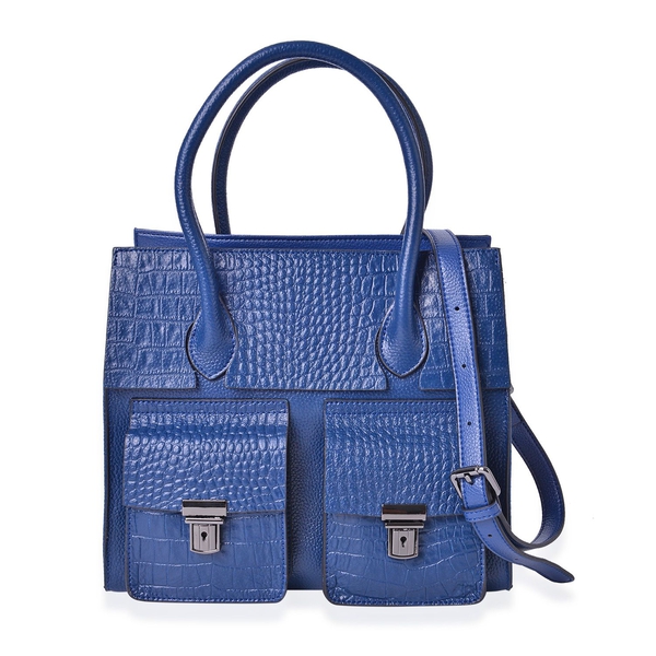 Genuine Leather Navy Colour Croc and Ostrich Embossed Tote Bag with External Zipper Pocket and Adjus