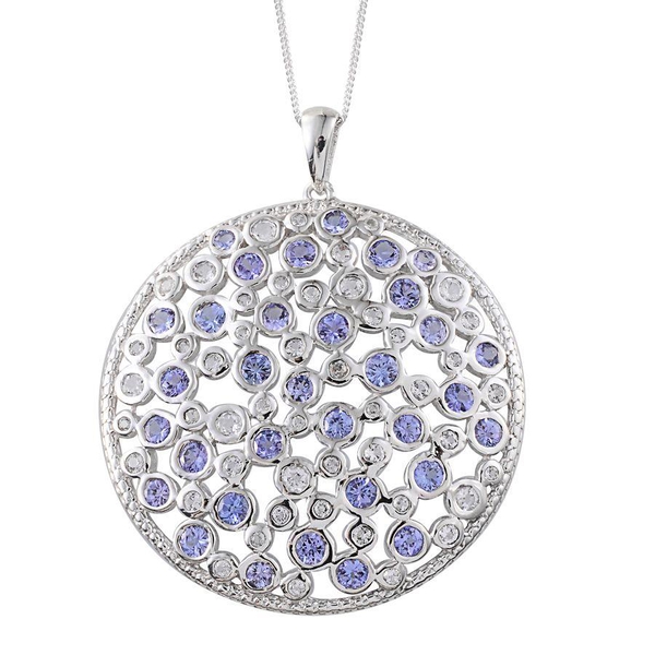 Tanzanite (Rnd), White Topaz Cluster Pendant With Chain in Platinum Overlay Sterling Silver 5.350 Ct