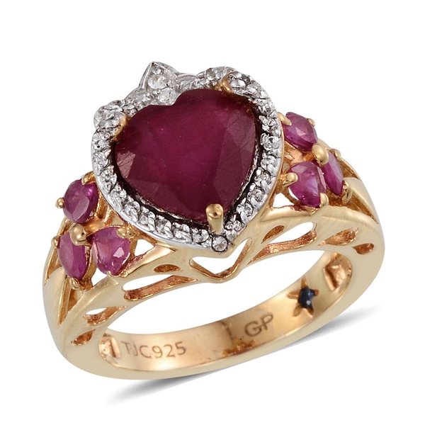 GP African Ruby (Hrt 3.60 Ct), Ruby, Kanchanaburi Blue Sapphire and Natural Cambodian Zircon Ring in 14K Gold Overlay Sterling Silver 4.500 Ct.
