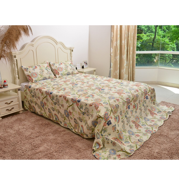 Cream, Green and Multi Colour Butterfly and Floral Pattern Quilt (Size 260x240 Cm) with 2 Quilted Pi