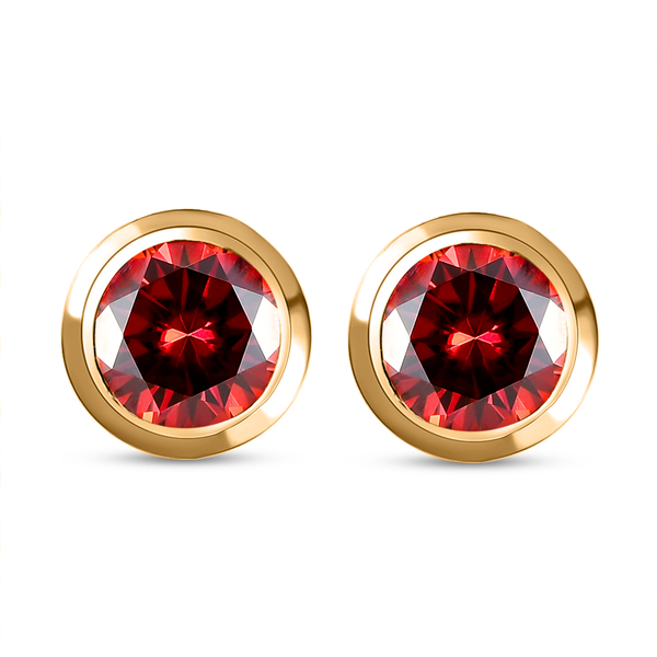 Red Moissanite Stud Earrings in Vermeil Yellow Gold Overlay Sterling Silver 1.46 Ct.