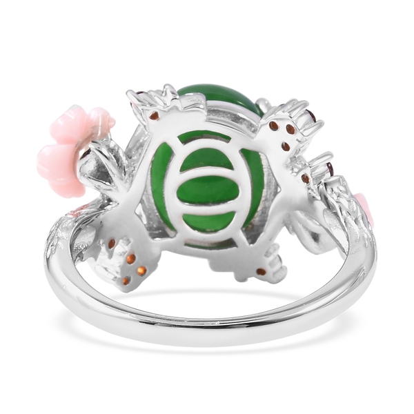 JARDIN COLLECTION- Green Jade (Ovl 6.0 Ct), Pink Mother of Pearl and Mozambique Garnet Ring in Rhodium Overlay Sterling Silver 7.49 Ct.