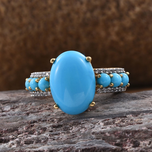 Arizona Sleeping Beauty Turquoise (Ovl 4.20 Ct), Natural Cambodian Zircon Ring in 14K Gold Overlay Sterling Silver 5.250 Ct.