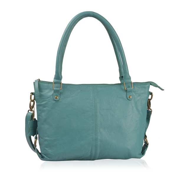 Genuine Leather RFID Teal Colour Handbag with External Zipper Pocket and Adjustable Shoulder Strap (
