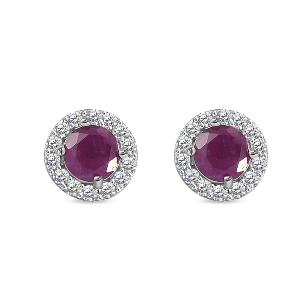 Natural Moroccan Ruby and Natural Cambodian Zircon Stud Earrings (With Push Back) in Platinum Overla
