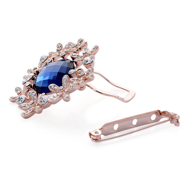 Simulated Blue Sapphire and White Austrian Crystal Brooch or Scarf Clip in Rose Gold Tone
