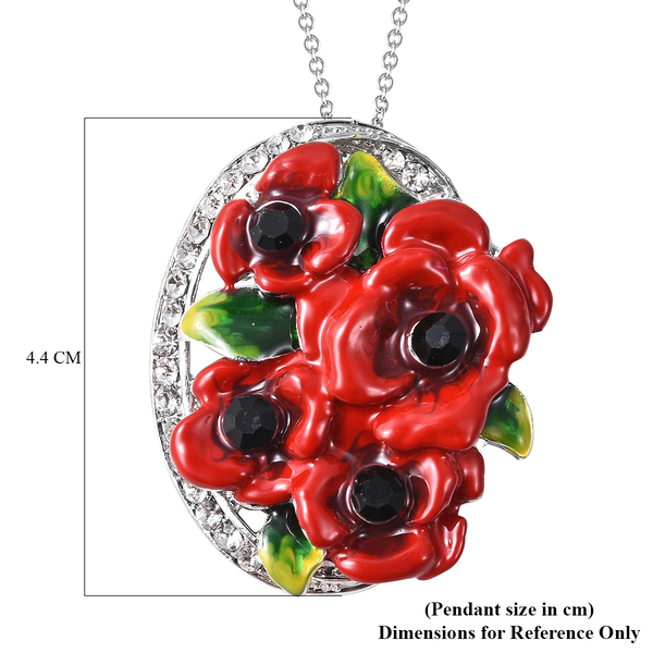 TJC Poppy Design Black and White Austrian Crystal (Rnd) Poppy Flowers Pendant with Chain (Size 24) in Stainless Steel