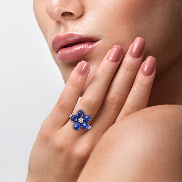 Lapis Lazuli and White Austrian Crystal Floral Ring in Stainless Steel