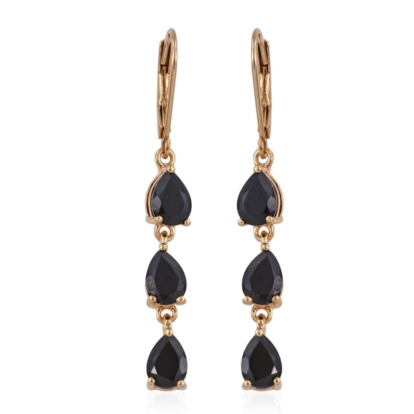 Boi Ploi Black Spinel Pear Drop Silver Earrings with Lever Back in 14K Gold Overlay 5.250 Ct.