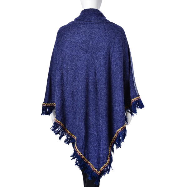 Close Out Deal- Designer Inspired-Blue, Red and Multi Colour Floral Pattern Turtle Neck Poncho with Tassels (Free Size)