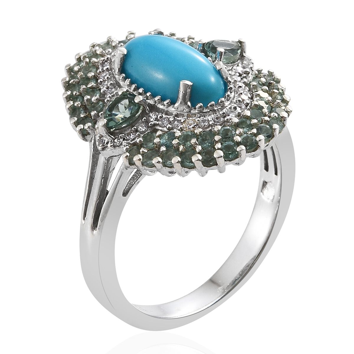 Arizona Sleeping Beauty Turquoise (Ovl 1.90 Ct), Ocean Blue Apatite and Natural Cambodian Zircon Cluster Ring in Platinum Overlay Sterling Silver 3.500 Ct. Silver wt 6.06 Gms.