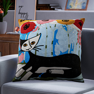 100% Cotton Fully Embroidered One Cat Cushion Cover with Zipper Closure (Size 44x44cm)- Black & Multi