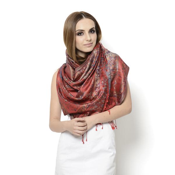 100% Superfine Silk Multi Colour Floral Pattern Red Colour Jacquard Jamawar Scarf with Fringes (Size