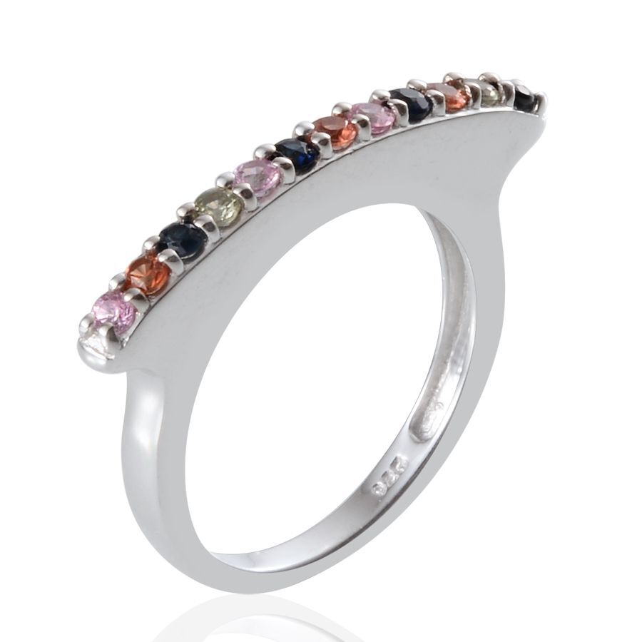 Green Sapphire (Rnd), Orange Sapphire, Kanchanaburi Blue Sapphire and Pink Sapphire Ring in Platinum Overlay Sterling Silver 0.550 Ct.