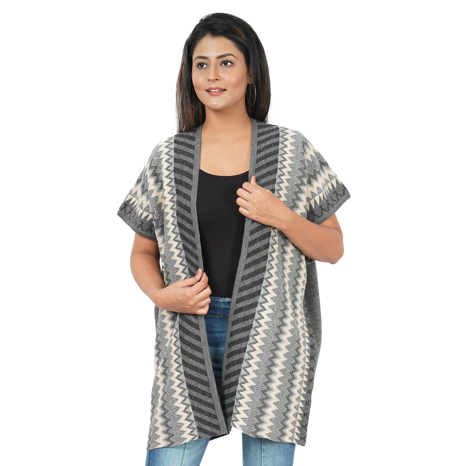 100% Acrylic Chevron and Stripe Print Knit Duster Ruana in Grey and ...