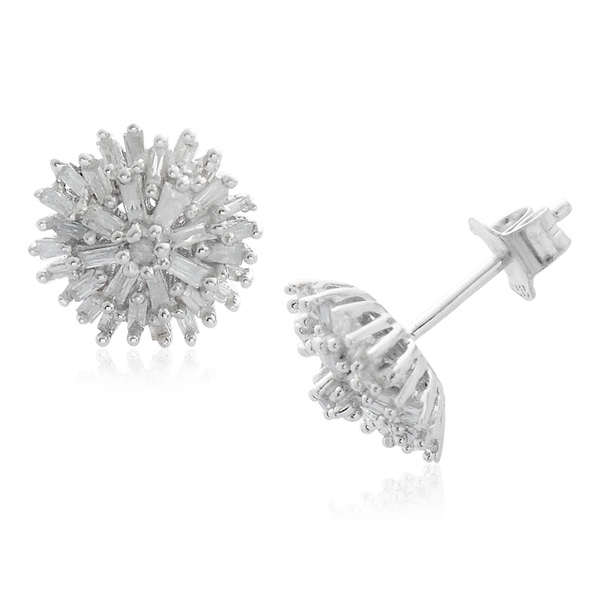 Diamond (Bgt and Rnd) Stud Earrings (with Push Back) in Platinum Overlay Sterling Silver 0.500 Ct.