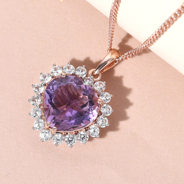 Rose De France Amethyst and Natural Cambodian Zircon Heart Pendant with Chain (Size 18) in Rose Gold Overlay Sterling Silver 12.97 Ct, Silver Wt. 7.68 Gms