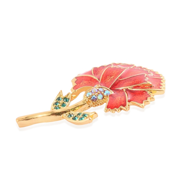 Stunning Bright Red, White and Green Austrian Crystal Floral Enameled Brooch in Gold Tone