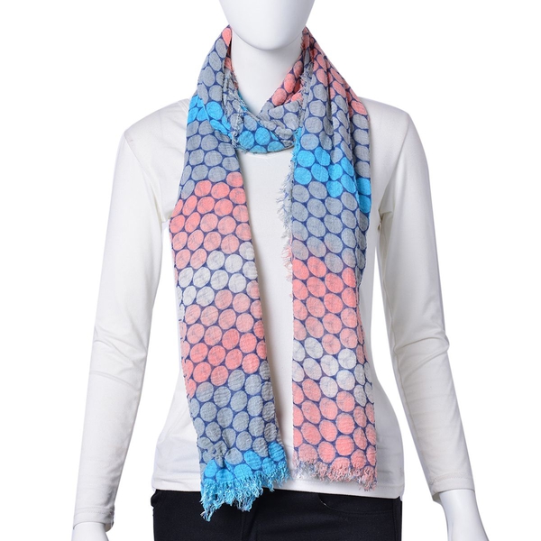 Designer Inspired-Blue, Pink and Multi Colour Honeycomb Pattern Scarf with Fringes (Size 180X90 Cm)
