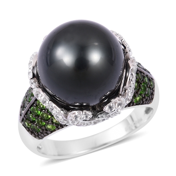 Tahitian Pearl,  Diopside and Zircon Ring in Silver,1.50 Ct