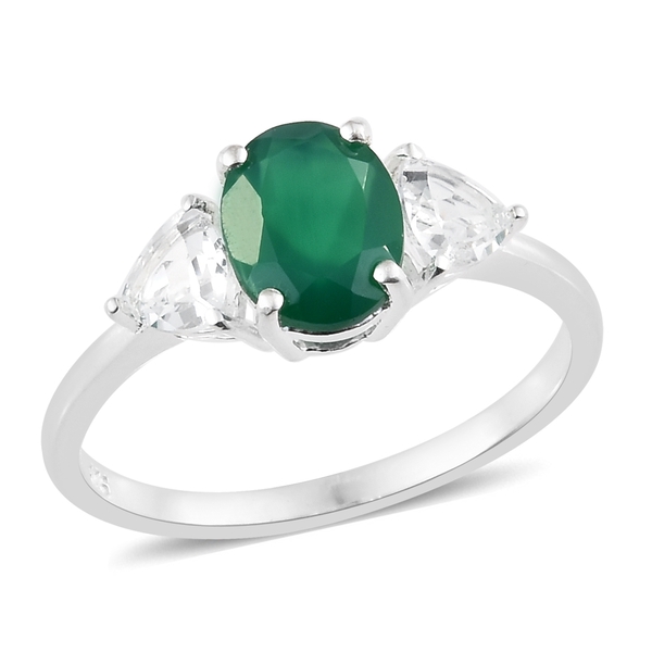 One Time Deal- Verde Onyx (Ovl 9X7 mm), White Topaz Trilogy Stone Ring in Sterling Silver 2.750 Ct.
