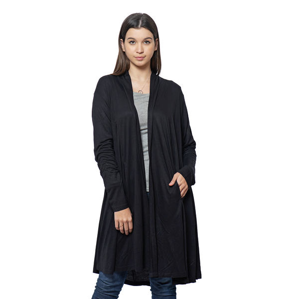Duster Cardigan with Long Sleeves and Side Pockets in Black