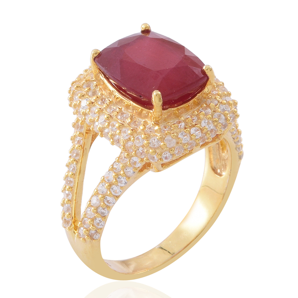 African Ruby (Cush 8.25 Ct), Natural White Cambodian Zircon Ring in 14K Gold Overlay Sterling Silver 11.250 Ct. Silver wt 5.60 Gms