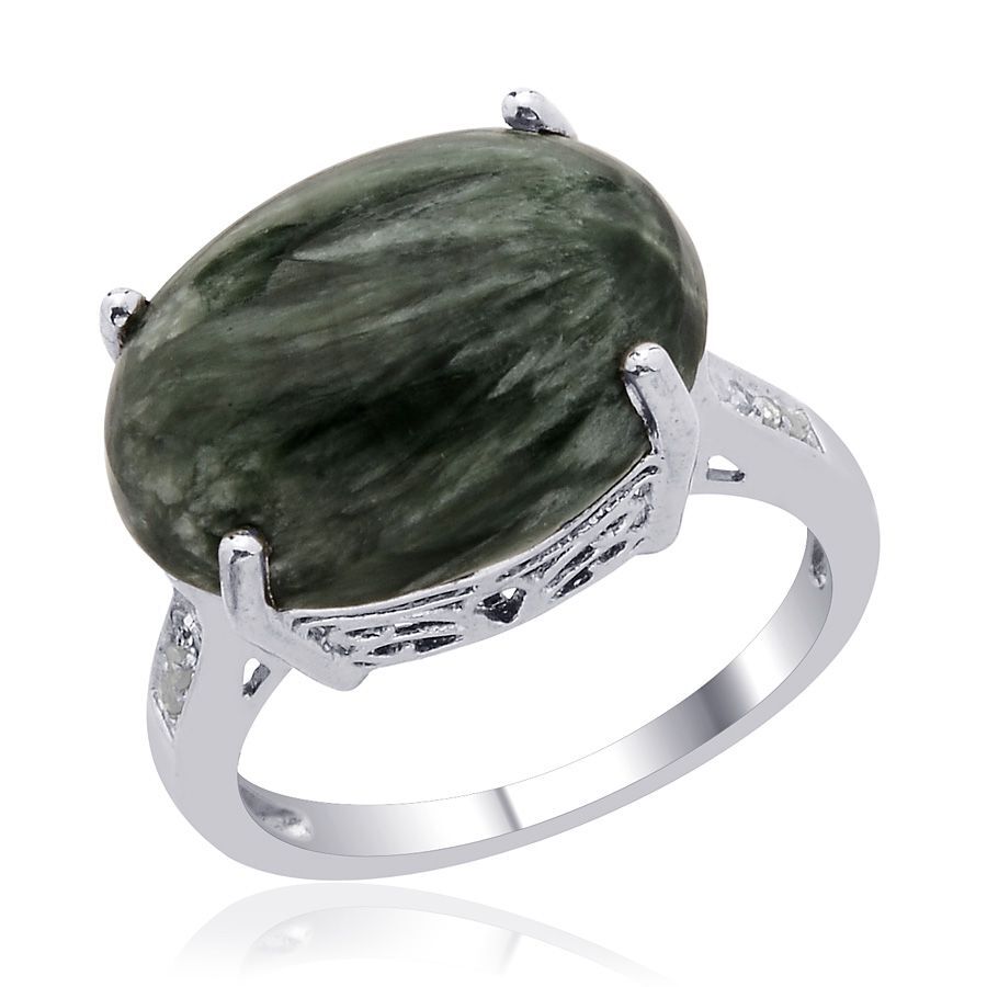 Siberian Seraphinite (Ovl 7.50 Ct) Diamond Ring in Platinum Overlay Sterling Silver  7.550 Ct.