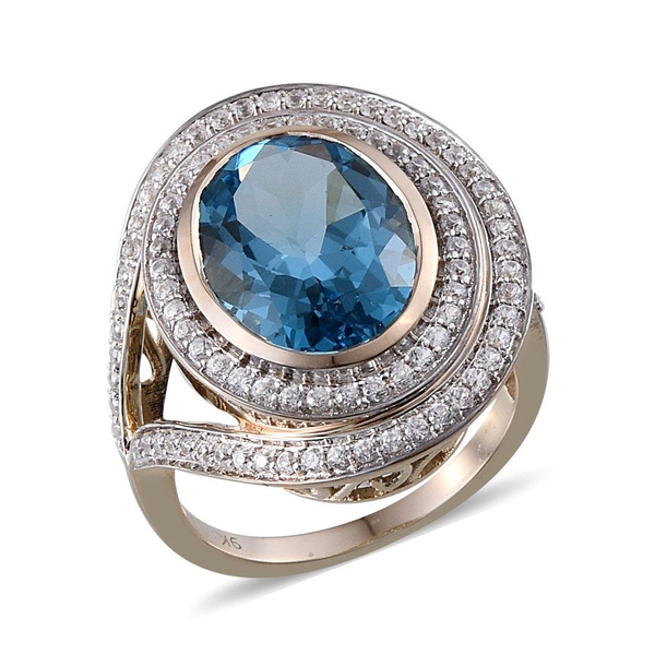 9K Y Gold Electric Swiss Blue Topaz (Ovl 10.50 Ct), Natural Cambodian Zircon Ring 11.500 Ct.