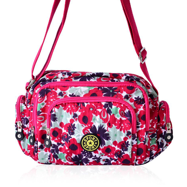 Red, Pink and Multi Colour Floral Pattern Sports Bag with External Zipper Pocket and Adjustable Shou
